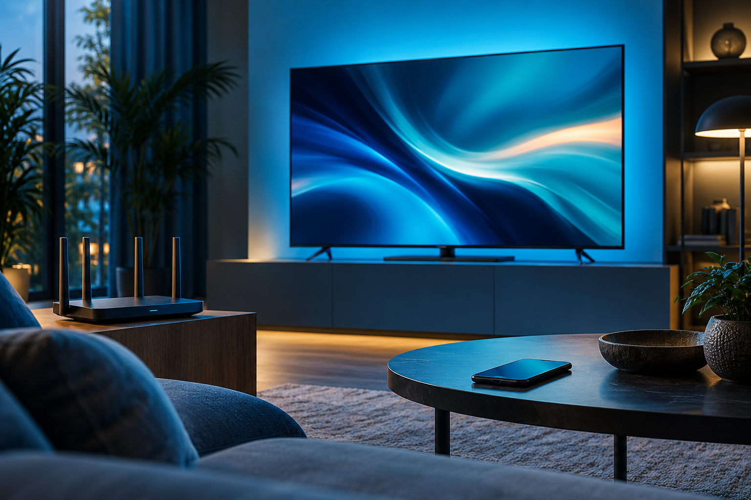 Télévision connectée, routeur Wi‑Fi et téléphone dans un salon moderne